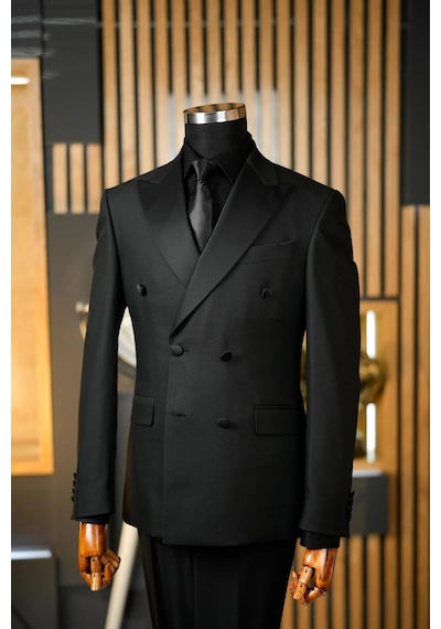 Modmen Damatlık Takım Elbise Slim Fit Kruvaze Slimfit 1 Beden Büyük Tercih Ediniz Siyah