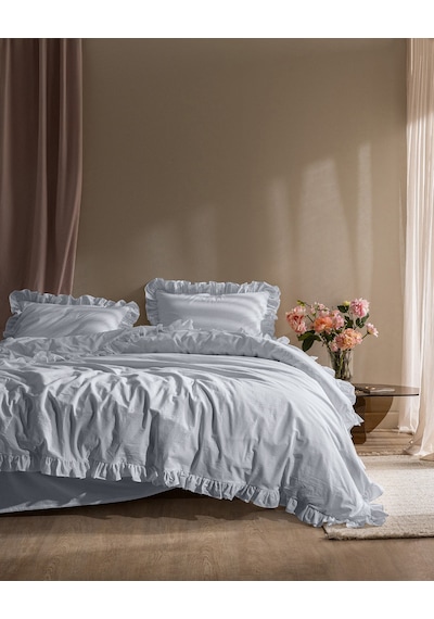 Madame Coco Obernai Tek Kişilik %100 Pamuk Fırfırlı Düz Yıkamalı Nevresim Takımı - Mavi 8684427198353 Mavi