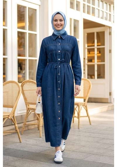 Hb Harma Time Butik Kadın Beli Bağcıklı Boydan Düğmeli Koyu Mavi Kot Tesettür Elbise