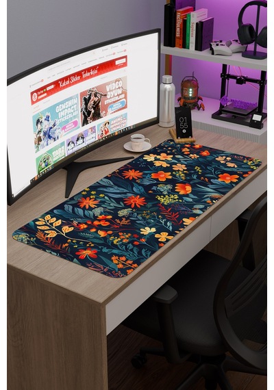 Çiçek Desenleri Kaymaz Dikişli Kauçuk Oyuncu Mousepad V3 - 90x40 Xxl Gaming Mouse Pad Fare Altlığı