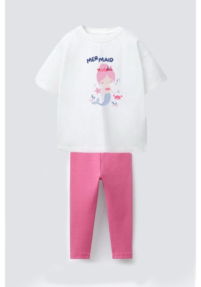 Monila Kız Çocuk Pamuklu Deniz Kızı Baskılı T-shirt Ve Pembe Fitilli Tayt 2'li Takım Ekru/pembe Monila Kız Çocuk Pamuklu Deniz Kızı Baskılı T-shirt Ve Pembe Fitilli Tayt 2'li Takım Ekru/pembe