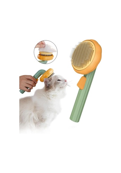Otomatik Temizlenen Pet Tarağı, Basmalı Sistem, Çelik İğneli, Ergonomik Sap Turuncu