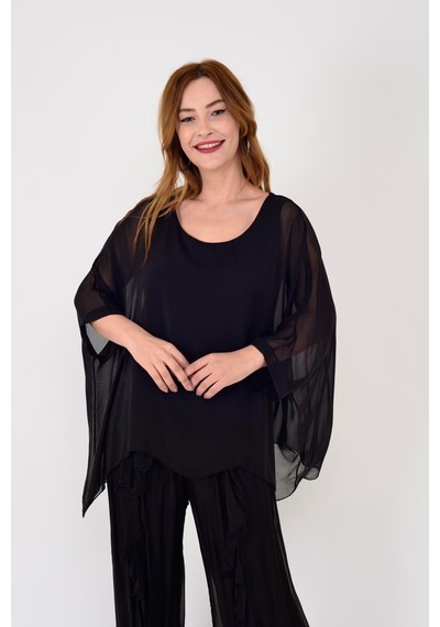 Eren Style Italyan Büyük Beden Uyumlu Astarlı Lastikli Ipek Pantolon 36-50 Beden -9909 Siyah