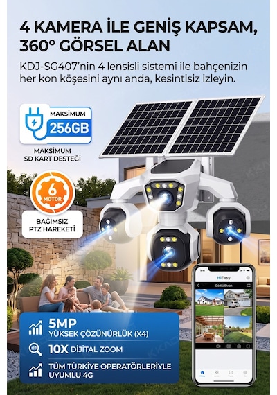 4 Kameralı - 2 Solar Panelli + Yeni Nesil + E- Sim Destekli + 20mp Güvenlik Kamerası Yapay Zeka Tek