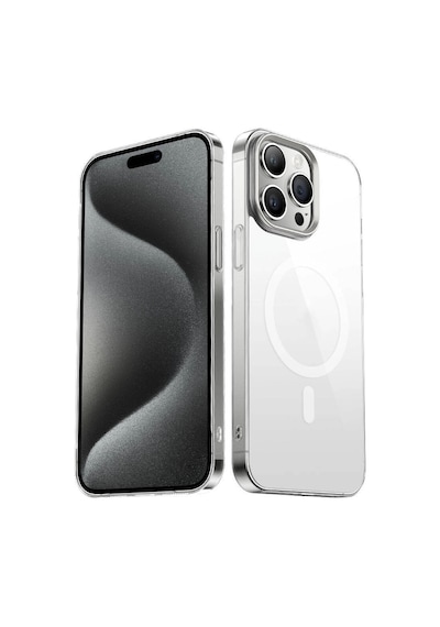 Apple iPhone Uyumlu 15 Pro Max Kılıf Zore Wireless Şarj Özellikli Şeffaf G-glass Kapak Gümüş