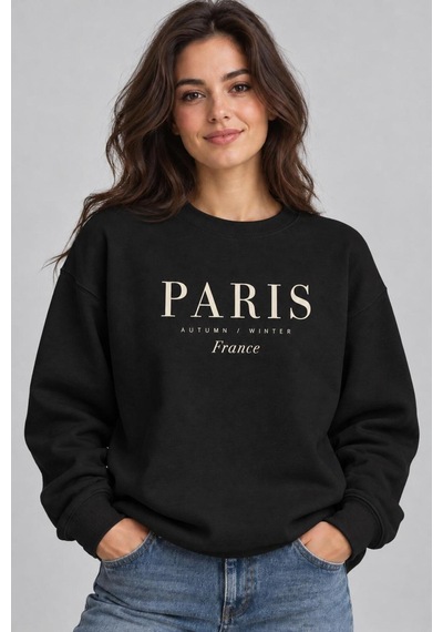 Gıovera Paris Şehir Yazılı Bisiklet Yaka Kadın Sweatshirt siyah