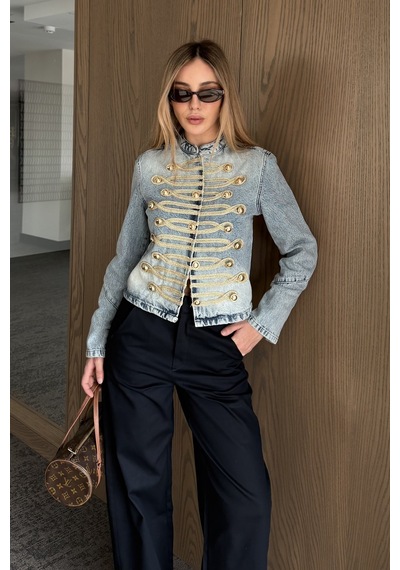 Laluvia Mavi Gold Aksesuarlı Denim Ceket - 1211