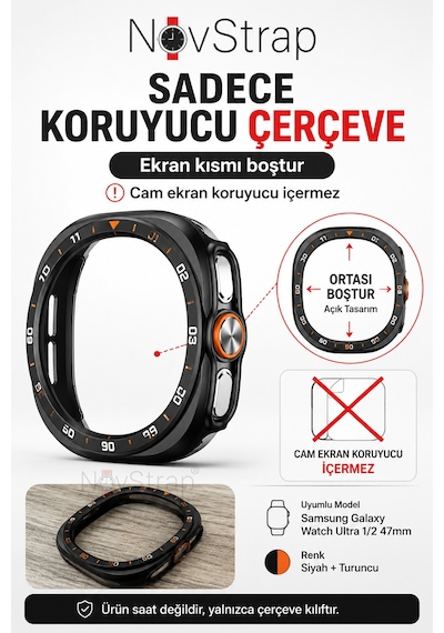 Novstrap Samsung Galaxy Watch Ultra / Ultra 2 47mm İle Uyumlu Sert Pc Kasa Koruyucu 360 Tam Koruma