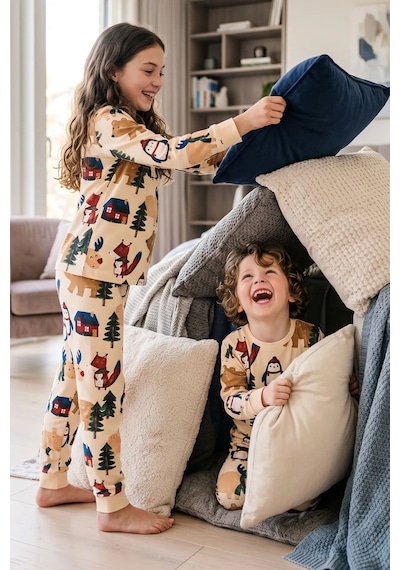 Zuzunga Sevimli Kardan Adam-penguen Desenli %100 Pamuk Unisex Çocuk Pijama Takımı Krem