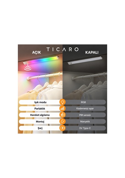 Tıcaro 40 Cm Rgb Sensörlü Şarjlı Led Dolap Işığı, 94 Led, 3000 Mah, 1 Adet Gümüş