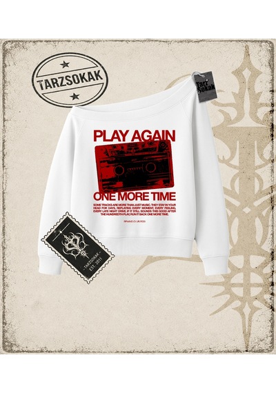 Tarzsokak Gotik & Grunge Streetwear Play Agaın Kayık Yaka Sweatshirt Beyaz