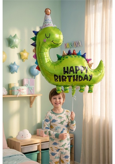 Happy Birthday Yeşil Dinozor Folyo Balon Çocuk Doğum Günü Parti Süsü 80x77 Cm Çok Renkli
