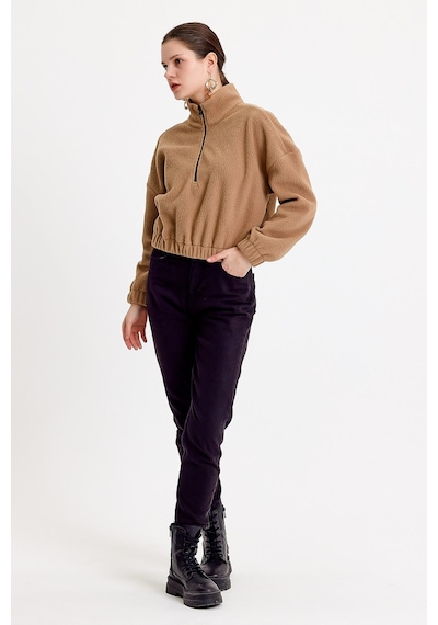 JAHR MARC Bej Crop Fit Kadın Peluş Sweatshirt