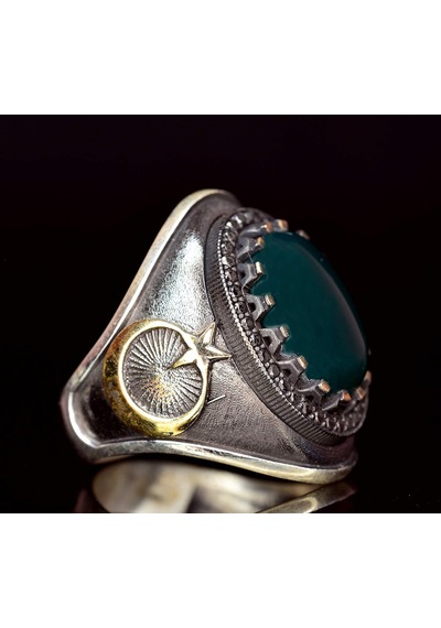 Erkekler İçin Gümüş Yüzük - Doğal Jade Taşı İle Osmanlı Tuğra Tasarımı Gümüş