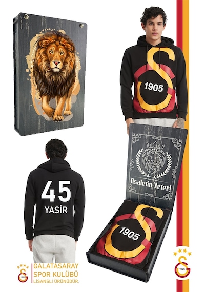 Galatasaray Lisanslı Gs Logolu Kişiye Özel Erkek Sweat Ahşap Kutulu 096 Siyah