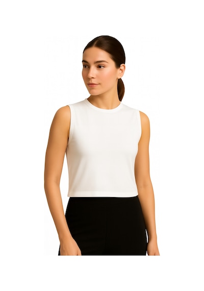 İngegno Body Bisiklet Yaka Sıfır Kol Crop %95 Viskon Ring Örme Kumaş Body Beyaz