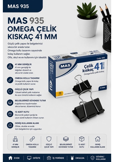 Omega 935 Çelik Kıskaç 41 Mm Siyah - 12'li Paket Evrak Ve Arşivleme Klipsi