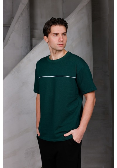 Erkek Garnili Şeritli Oversize Bisiklet Yaka 2 İki İplik Kompakt T-shirt Nefti