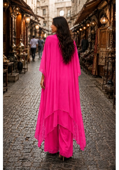 Bohem Stil Italyan Ipek Detaylı Oversize Kap Bluz- Wes Pantolon Takım Pembe
