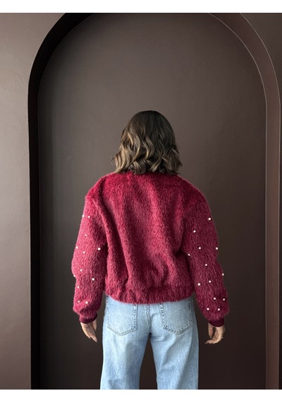 Verymoda Suni Kürk Bomber Ceket - İnci Detaylı Bordo