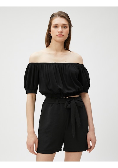 Koton Crop Bluz Omzu Açık Lastikli Siyah 3sak60010pw Siyah