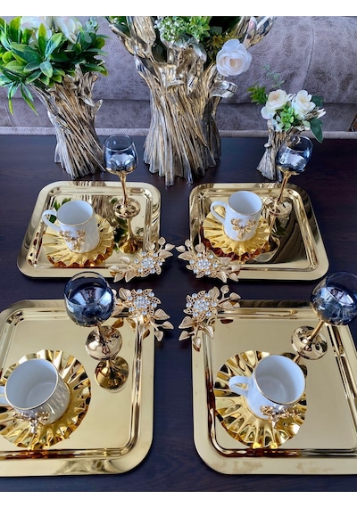 Atabey Home Collection 6'lı Kahve & Çay & Sunum Tepsisi Gold Lüx Kristalize Taşli Model