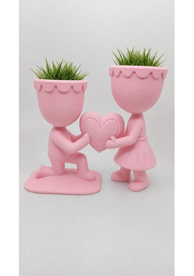 3d Baskı Aşk Saksısı - Kalp Tutan Çift Figürlü Dekoratif Saksı - Pembe -