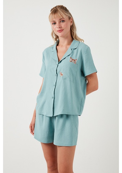 Lela Gömlek Yaka Beli Lastikli Kısa Kollu Şortlu Bayan Pijama Takımı 611Pt00123 Mint