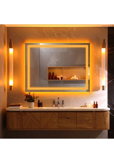 Rectango Amber Led'li Kumlamalı Lavabo & Banyo Aynası Dokunmatik Sensörlü 65 X 90 Cm Turuncu