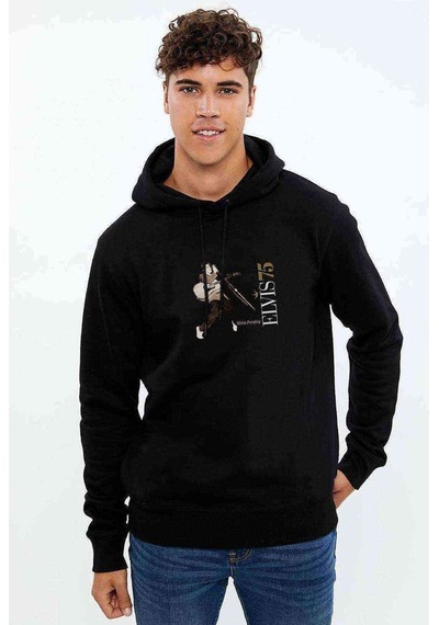 Elvis Presley Baskılı Siyah Erkek Örme Kapşonlu Sweatshirt