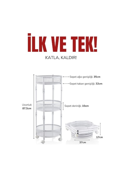 3 Katlı Pratik Katlanır Metal Beyaz Renk Tekerlekli Sepet Patates Soğanlık - Çok Amaçlı Organizer Beyaz
