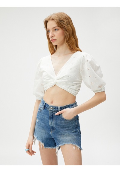 Koton Crop Bluz Brode Balon Kollu Önü Büzgülü Beyaz 3sal60067ıw 3SAL60067IW000 Beyaz