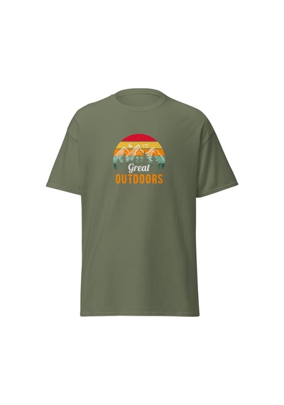 Wildstyle Great Outdoors Retro Dağ Manzara Kamp Doğa Baskılı Unisex Pamuklu Tişört Haki