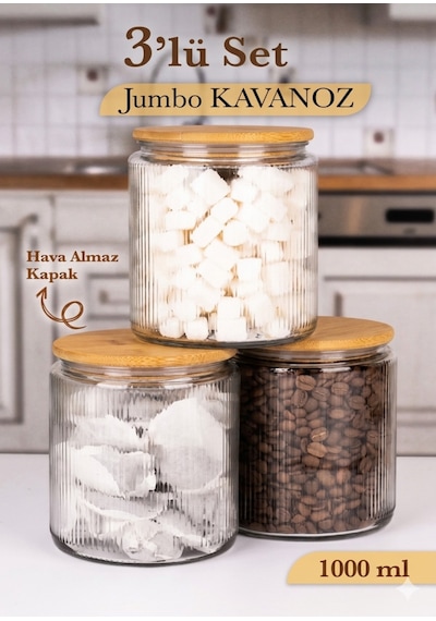 3'lü Etiketli Cam Kavanoz Seti Bambu Vakum Kapaklı Çizgili Erzak Bakliyat Saklama Kabı 3x1000ml Şeffaf