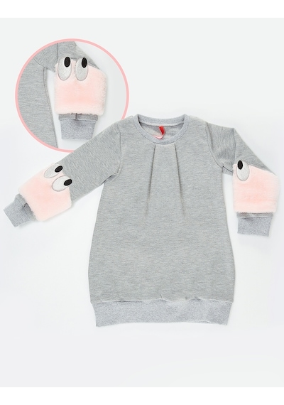Denokids Mushi Peluş Kollu Kız Elbise Çok Renkli