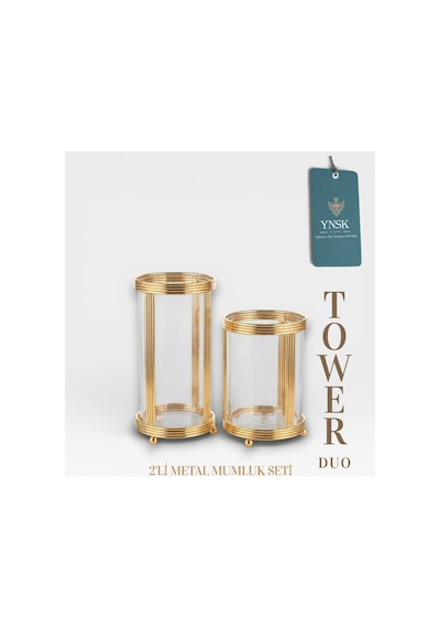 Chacha Home Luxury Tower Dou İthal 2'li Lüks Metal Mumluk Seti Gold