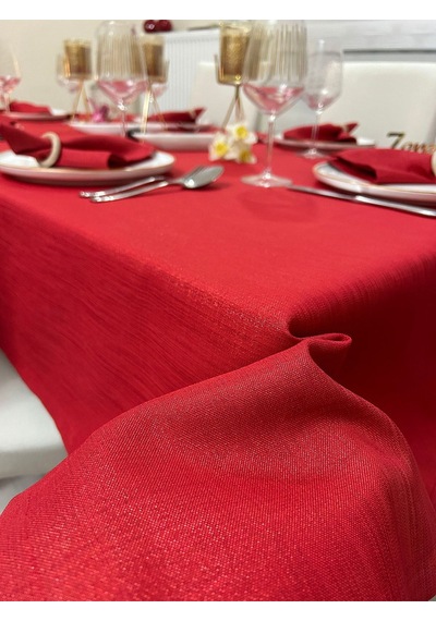 Polyester Keten Simli Masa Örtüsü Kırmızı + 12 Peçete