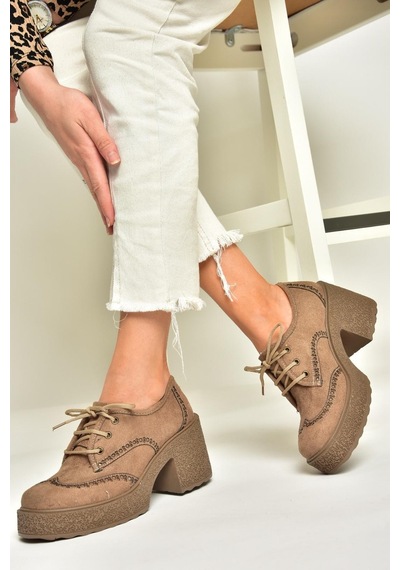 Fox Shoes T996157002 Vizon Süet Kalın Topuklu Kadın Ayakkabı vizon