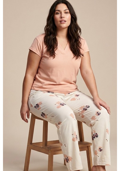 Siyah İnci Desenli Büyük Beden Battal Boy Viskon Örme Pijama Takım 26119515 Somon
