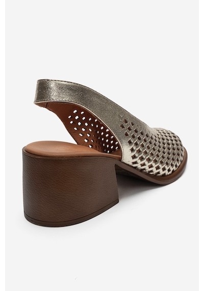 Luvi Shoes Monvera Altın Hakiki Deri Önü Kapalı Lazer Kesim Kalın Topuklu Kadın Sandalet