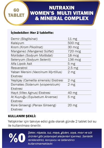 Nutraxin Multivitamin Kadın Multivitamin & Mineral Complex 60 Tablet