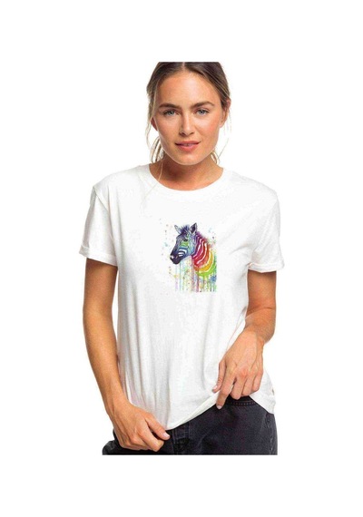 Zebra Renk Sıçrama Baskılı Beyaz Kadın Tshirt