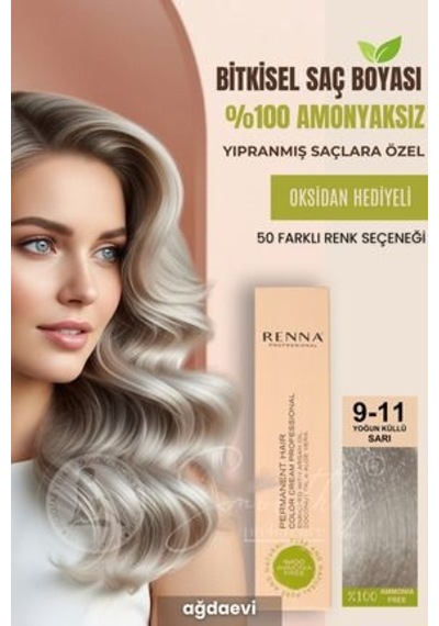 Renna Amonyaksız Bitkisel Yıpranmış Saçlar İçin Saç Boyası 9-11 Yoğun Küllü Sarı 60ml