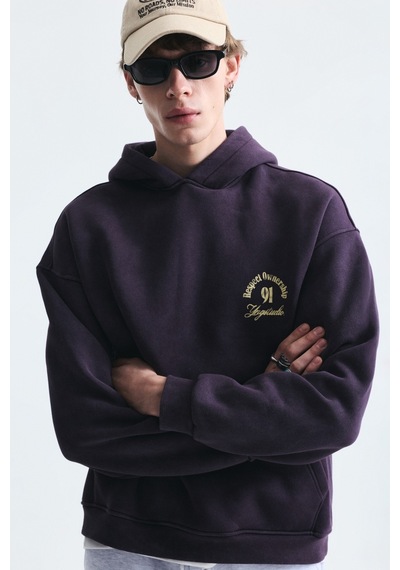 Vamos Boxy Fit Yazılı Kapüşonlu Sweatshirt Mürdüm