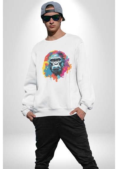 Renkli Maymun Goril Unisex Beyaz Baskılı Sweatshirt Beyaz