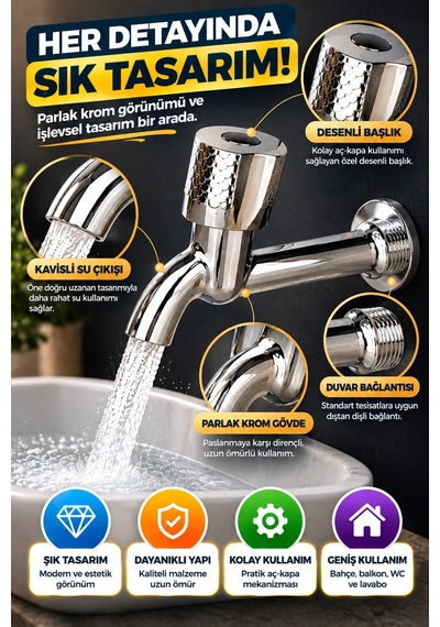 Desenli Krom Uzun Musluk Aç Kapa Başlıklı Bahçe Wc Lavabo Balkon Teras Duvar Tipi Su Musluğu