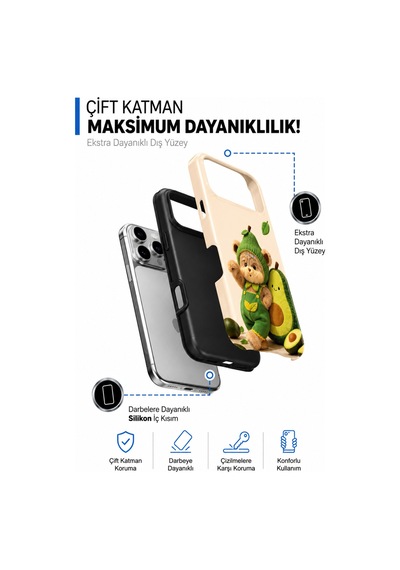 Apple iPhone Uyumlu,  17 Pro Tiny Bear Collection Çift Katmanlı Essential Tough Telefon Kılıfı