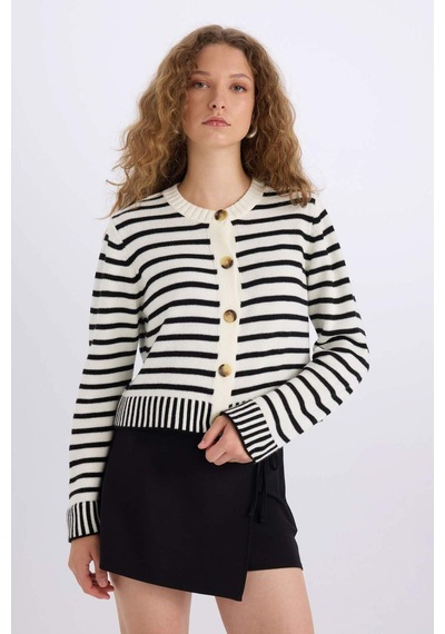 DeFacto Coool Regular Fit Çizgili Bisiklet Yaka Düğmeli Triko Hırka E2272AX24CWER219 Ekru
