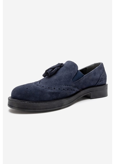 Luvishoes Alex Lacivert Süet Hakiki Deri Püsküllü Lastikli Kadın Loafer Ayakkabı Lacivert