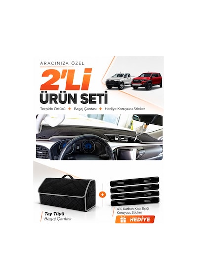 E-biz Toyota Hilux 2016-2025 Uyumlu Torpido Örtüsü + Tay Tüyü Bagaj Çantası - Siyah-gri - To019